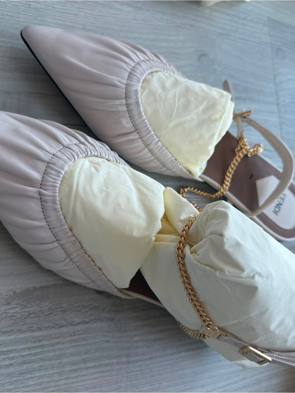 Fendi Pointed Slingback Flats in Bone White with Gold Chain with Logo